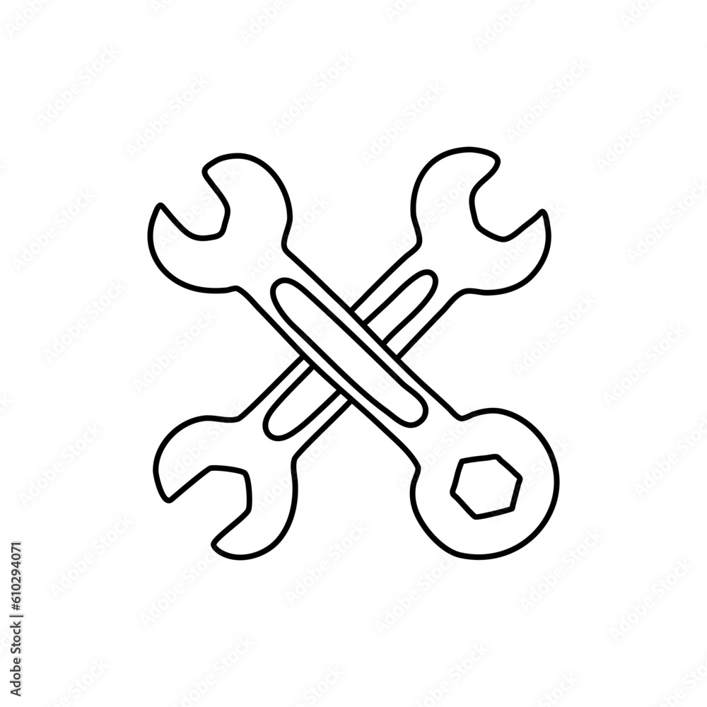 Wrench construction tool doodle icon. Hand drawn wrench. Doodle repair icon in vector