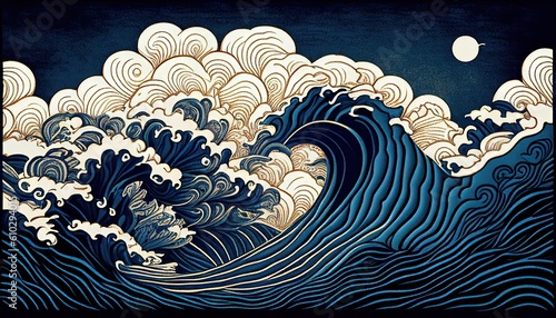 Japanese traditional Ukiyoe white and blue raging waves of violent billows Abstract, Elegant and Modern AI-generated illustration