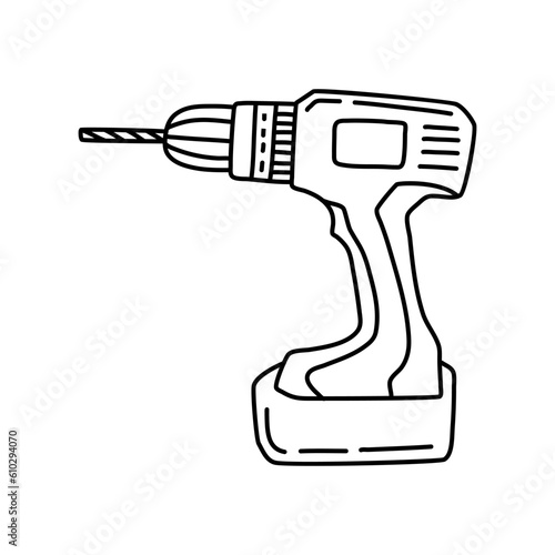 line art vector or doodle of screwdriver or Cordless drill on hand, isolated on white background