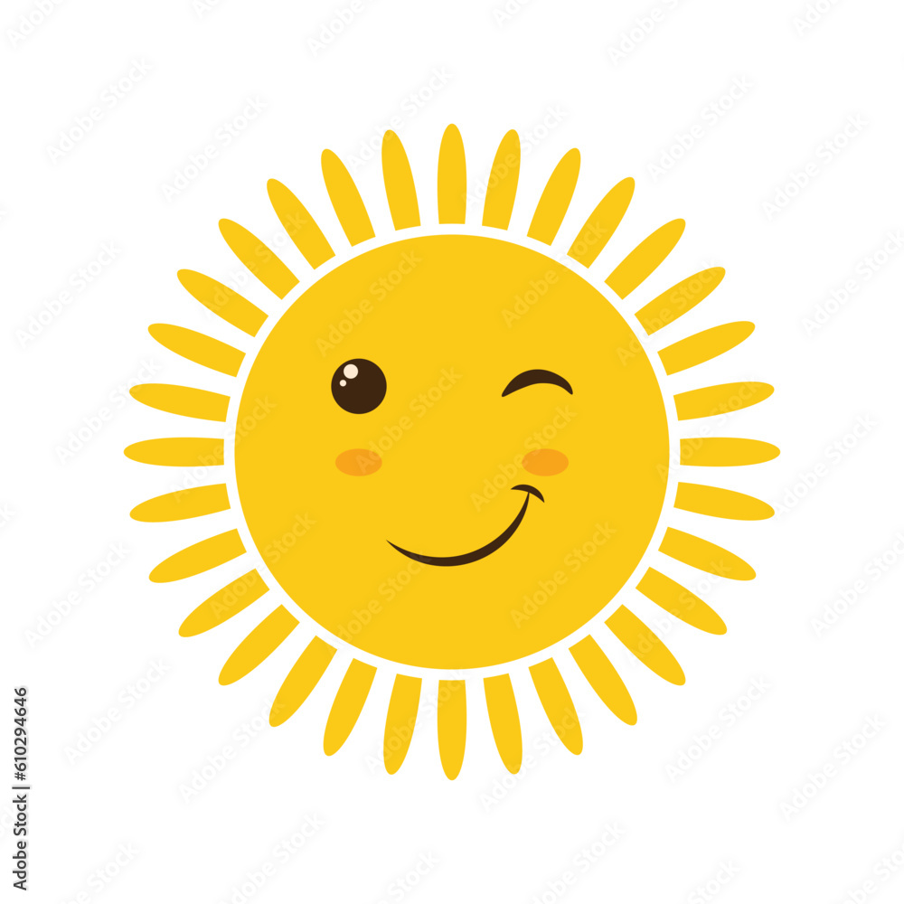The sun. Vector positive illustration of a yellow smiling sun with joyful emotions, with beautiful rays. Icon. Cartoon children s vector image.