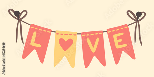 Valentine day garlands. Bunting garlands. Party bunting flags on  ribbon, twine, string. Design for greeting card, invitation, print, sticker. Illustration for valentine's day and birthday.