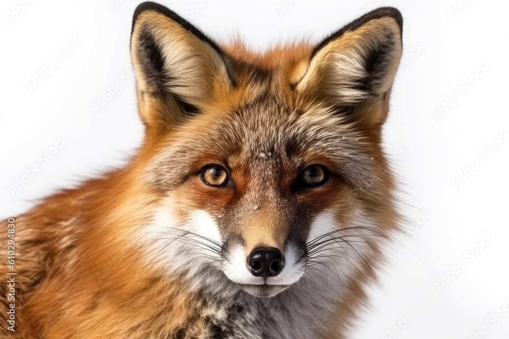 Red Fox On White Background, Close-Up. Generative AI
