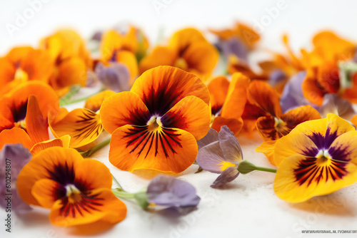 Orange Pansies On White Background. Generative AI photo