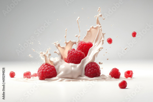 Raspberry Falling Into Yogurt On White Background. Generative AI