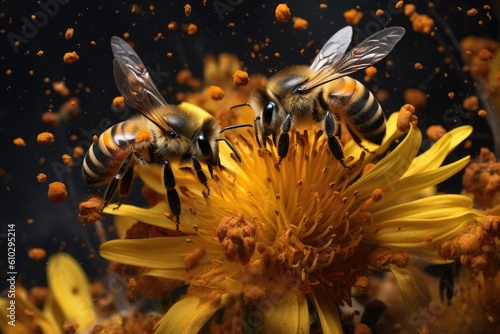Bees with yellow flower pollen explosion. Bees are bringing pollen. Worker bee. Generative ai