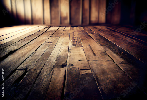 Creative template concept. Empty wooden shed wood background with rustic planks wide angle view. Template for product presentation display. Mock up 
