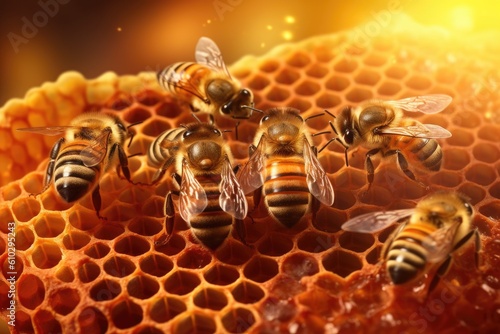 Honeybees working diligently inside their hive, meticulously crafting honeycomb cells filled with glistening. Worker bees. Generative ai © tong2530