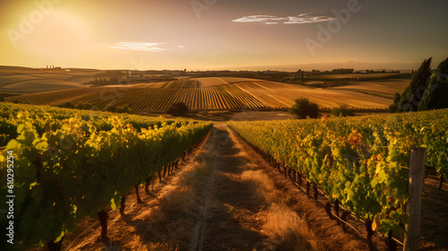 "Vineyard at Sunset": A stunning vineyard at sunset, with rows of grapevines bathed in a warm, golden light.