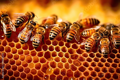Honeybees working diligently inside their hive, meticulously crafting honeycomb cells filled with glistening. Worker bees. Generative ai
