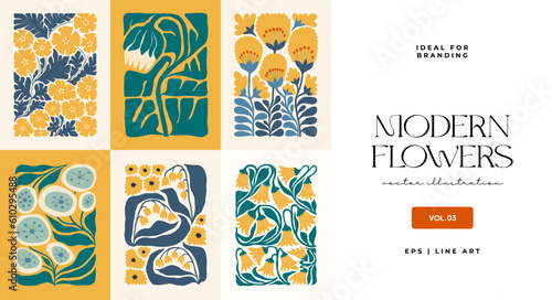 Floral abstract elements. Botanical composition. Modern trendy Matisse minimal style. Floral poster, invite. Vector arrangements for greeting card or invitation design