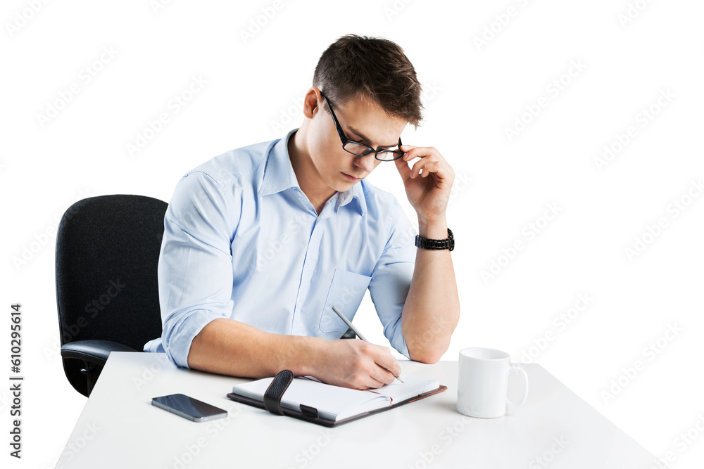Young business man working for white table Young business man working for white table