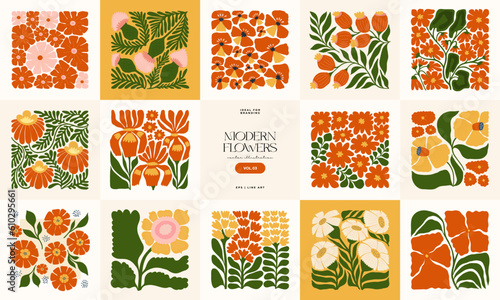 Floral abstract elements. Botanical composition. Modern trendy Matisse minimal style. Floral poster, invite. Vector arrangements for greeting card or invitation design