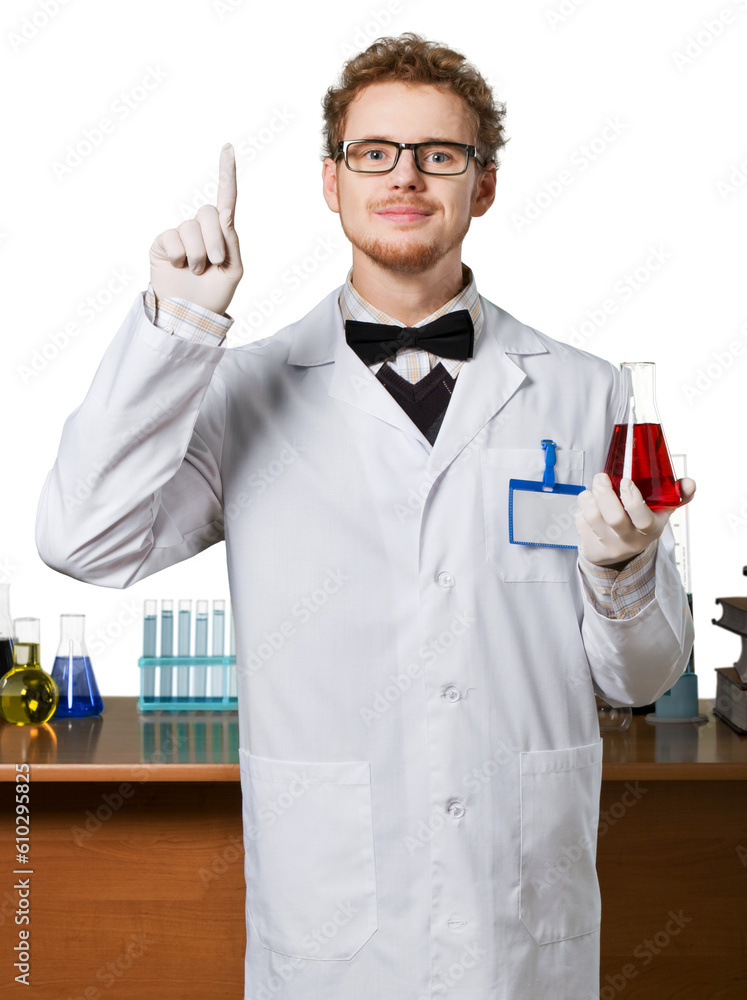 Surprised crazy scientist man with test tube Surprised crazy scientist man with test tube