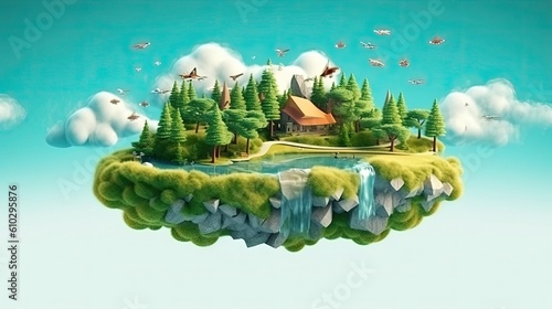 Floating island with lake and beautiful landscape. 3d illustration of flying land green forest with trees, mountains, animals, water isolated with clouds