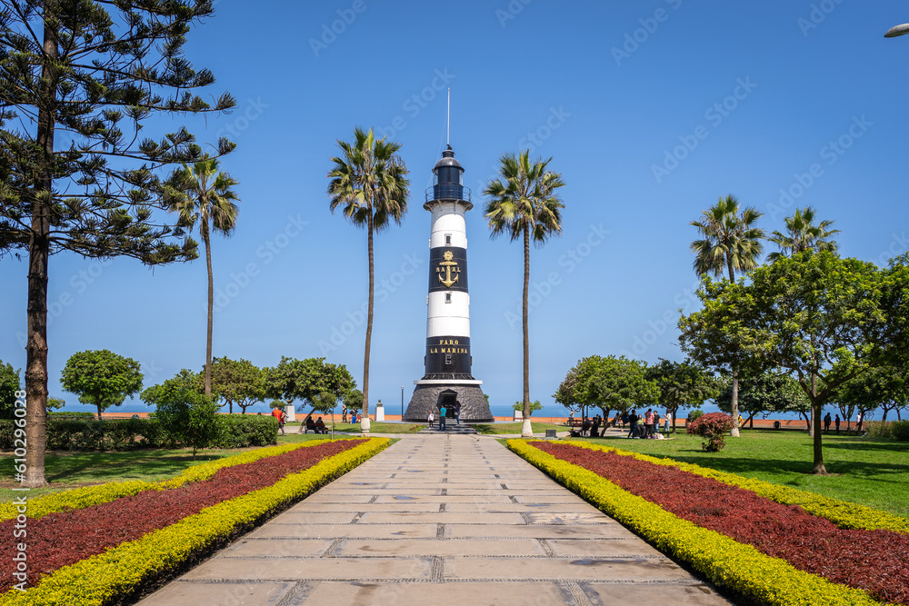 Lima, Peru - May 28, 2022. View of a sunny day in the Marina lighthouse in Miraflores neighborhood, Peru