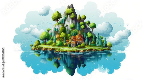 Floating island with lake and beautiful landscape. 3d illustration of flying land green forest with trees, mountains, animals, water isolated with clouds © 3DArt