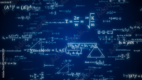 Abstract Physics equation concept, Mathematics calculation, Sciences formula, arithmetic and handwritten geometry symbol, typewriting study on blue background, 3d rendering