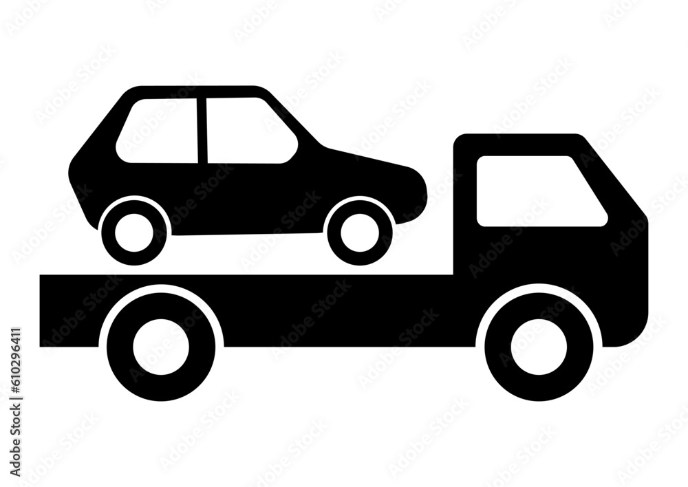 Tow truck, Car towing vector icon on white. Car evacuation sign Tow truck, Car towing vector icon on white. Car evacuation sign