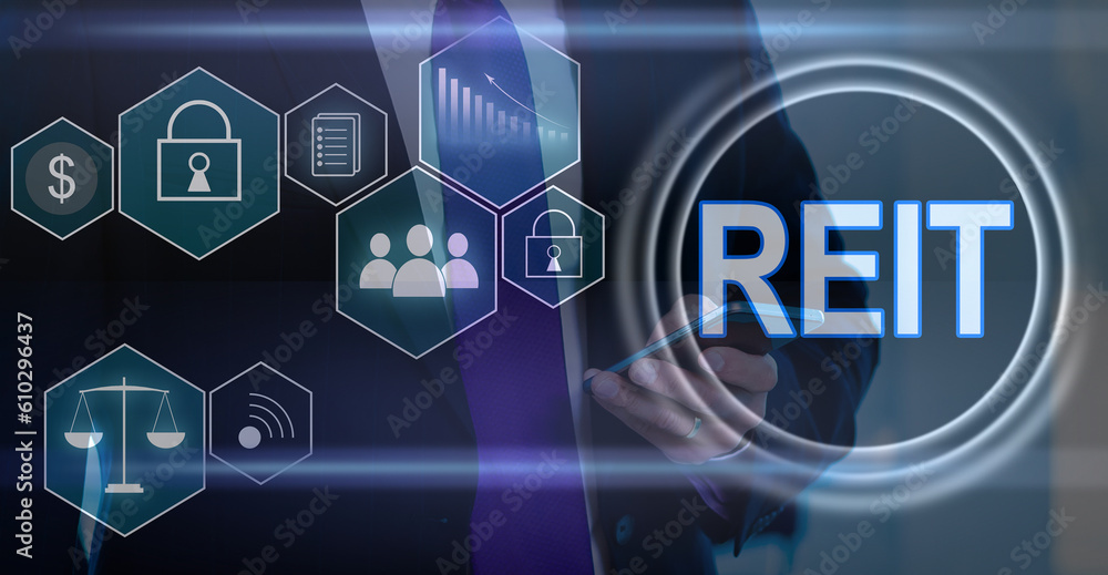 Fototapeta premium virtual touch screen abbreviation: REIT. Mutual Fund and investment, property, manager, broker, investor and return.