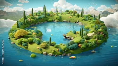 Floating island with lake and beautiful landscape. 3d illustration of flying land green forest with trees, mountains, animals, water isolated with clouds © 3DArt