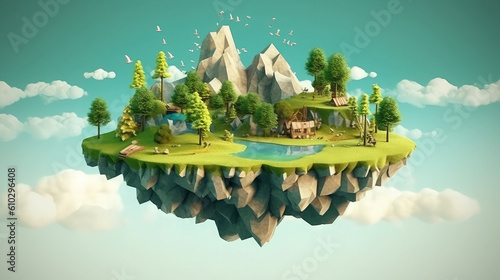 Floating island with lake and beautiful landscape. 3d illustration of flying land green forest with trees  mountains  animals  water isolated with clouds