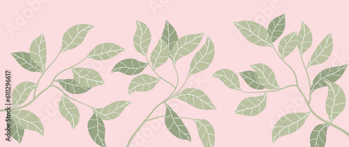 Abstract vector botanical background. Wallpaper with elegant lines, branches and leaves on a pink background. Simple juicy design for wall decoration and prints, printing, decor.