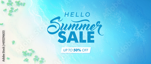 Hello summer sale horizontal banner. Vector beautiful realistic top view illustration of sandy summer beach