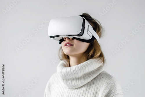 A woman wearing virtual reality glasses. White background isolated.