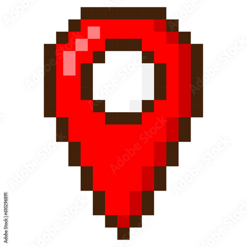 Pixel art 8-bit red map pointer. Pin location. Vector icon.