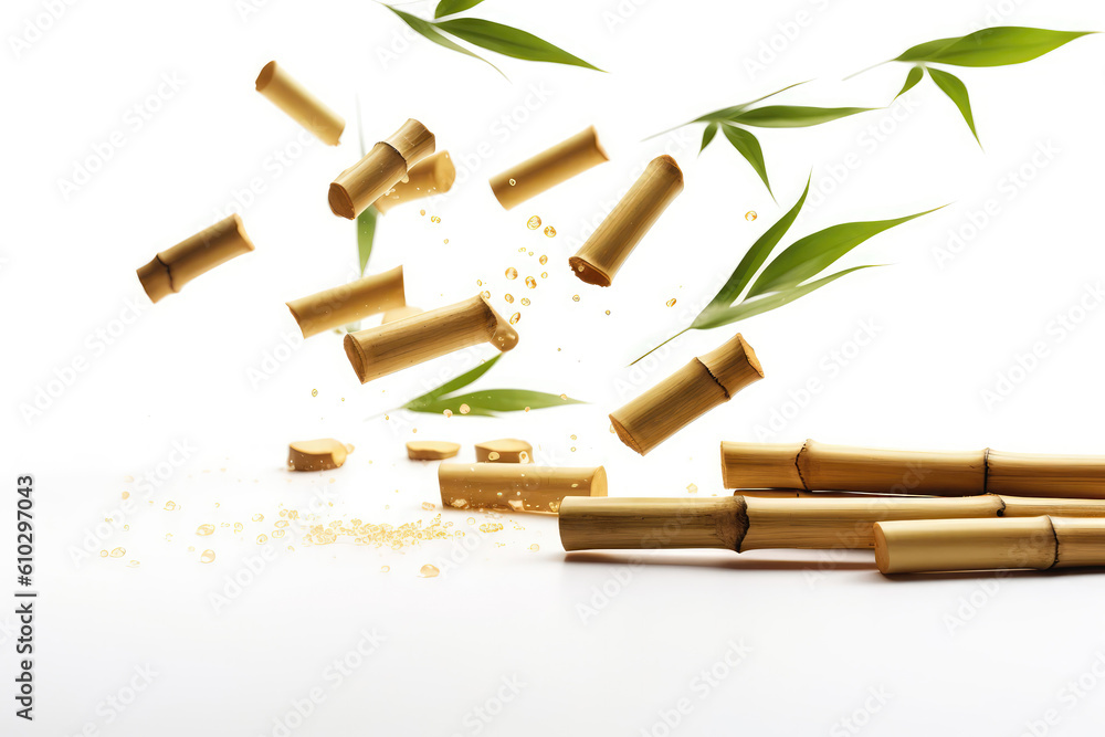 Bamboo Slices Flying On White Background, Floating In The Air. Generative AI Bamboo Slices Flying On White Background, Floating In The Air. Generative AI
