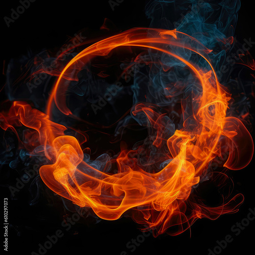 Circle Of Neon Tangerine With Smoke On Dark Background. Generative AI