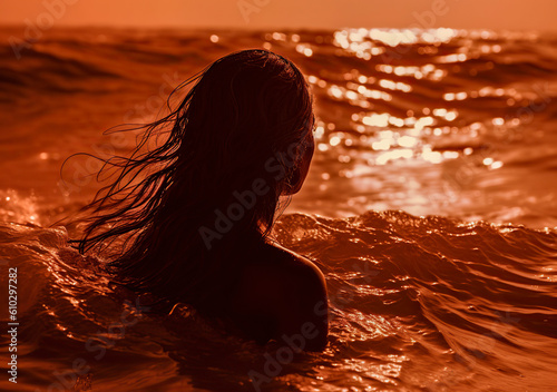Serenity by Sunset: A Captivating Silhouette of a Woman Bathing in the Sea at Dusk, ai generative © larrui