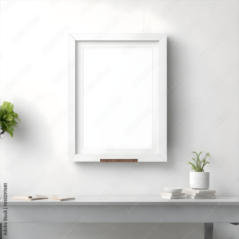 White Frame Mockup Mounted In A White Wall, Created with Generative AI Technology. White Frame Mockup Mounted In A White Wall, Created with Generative AI Technology.