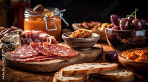 an olive tapenade spread on crusty bread alongside a charcuterie board with cheeses and meats