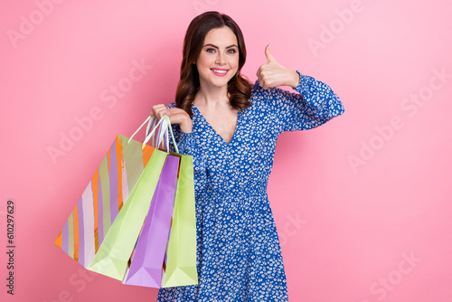 Canvastavla Portrait of gorgeous positive lady wear stylish clothes hold packages hand thumb