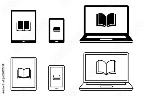 電子書籍のアイコンマークとパソコン、タブレットとスマホの線画ベクターイラスト白黒素材セット