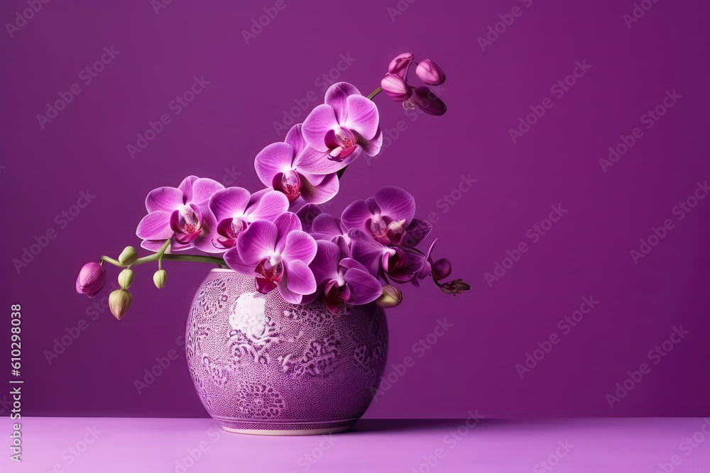 Orchid Flowers In Vase On Lilac Color Background With Copy Space. Generative AI
