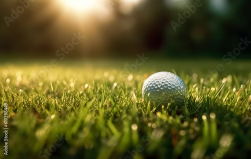 Golf ball sits on the field of a gulf club, Glass golf ball. Generative Ai.