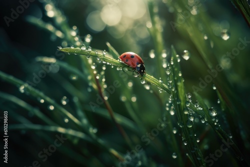 Beautiful nature background with morning fresh grass and ladybug. Ai generative.