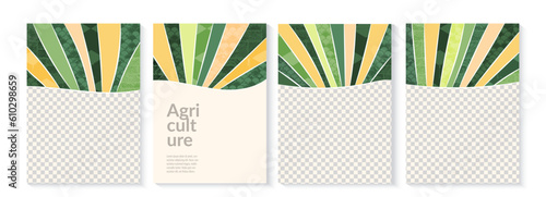 Abstract eco green agricultural vector background. Farm field template. Organic header design. Fresh nature landscape, ecology collage. Agro business card layout, farmland poster, countryside flyer