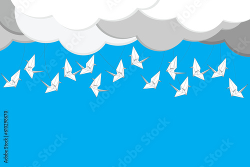 Illustration group of the origami bird flying with cloud on blue background.