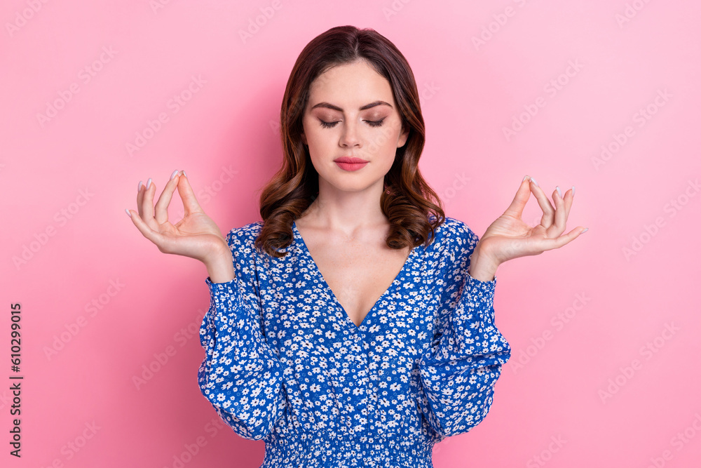 Photo of lovely focused young lady closed eyes hands fingers meditate isolated on pink color background - obrazy, fototapety, plakaty 