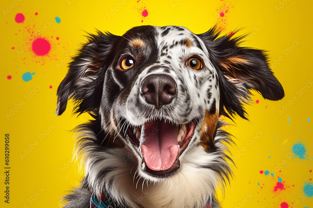 Happy dog isolated on colorful background, Generative AI