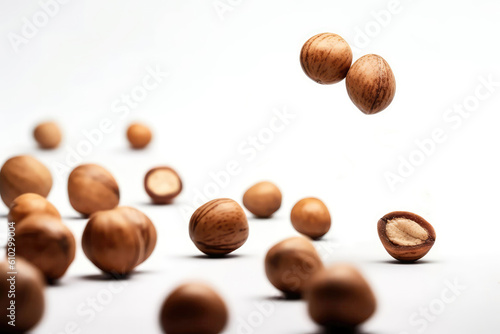 Macadamia Flying On White Background, Floating In The Air. Generative AI photo