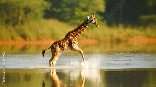 Joyful giraffe running and cooling off in a river  generative ai