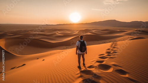 A young traveler enjoying a sunset over desert dunes in an exotic destination, generative ai