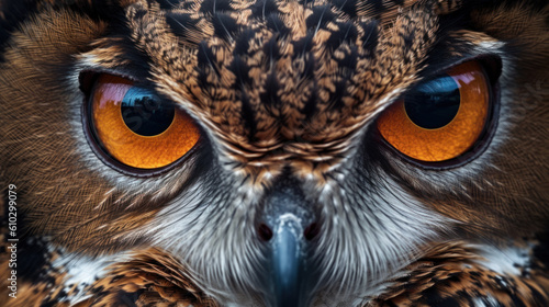 Close-up of orange eyes and beak of an owl, generative ai