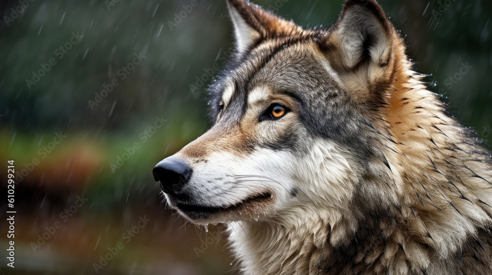 Fototapeta premium Portrait of a wolf seen in profile on a rainy day, generative ai