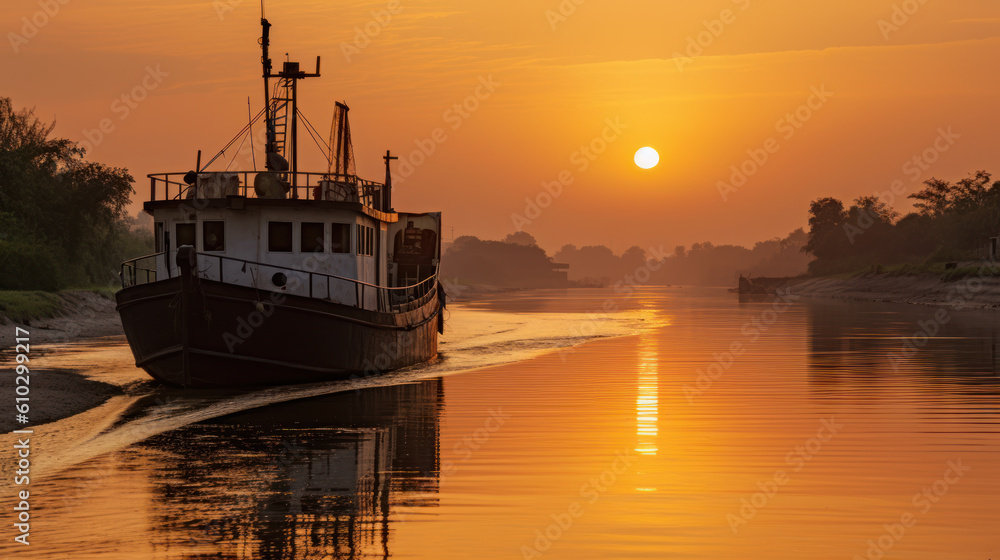 A fishing boat sailing upstream at sunset, generative ai