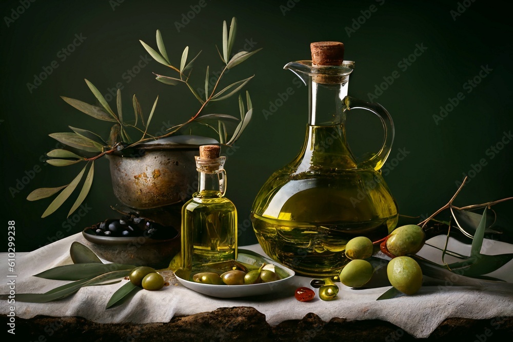 Olive oil and still life concept. Green and black olives, branchlet, leaf and olive oil in a carafe and bottle on a table. Painting like aesthetic and composition. Generative Ai. Olive oil and still life concept. Green and black olives, branchlet, leaf and olive oil in a carafe and bottle on a table. Painting like aesthetic and composition. Generative Ai.